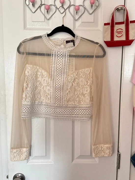 Delicate Lace Overlay Long-Sleeve Top — Cream - Picture 7 of 14
